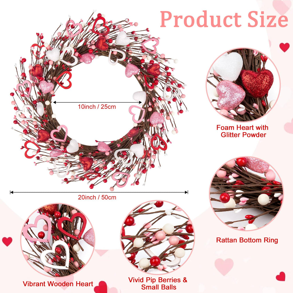 Ouddy Decor 20'' Valentine's Wreath for Front Door with Artificial Red Pink White Wooden Heart Shaped Berries for Valentines Gifts Romantic Night Event Anniversary Wedding Engagement Home Decorations