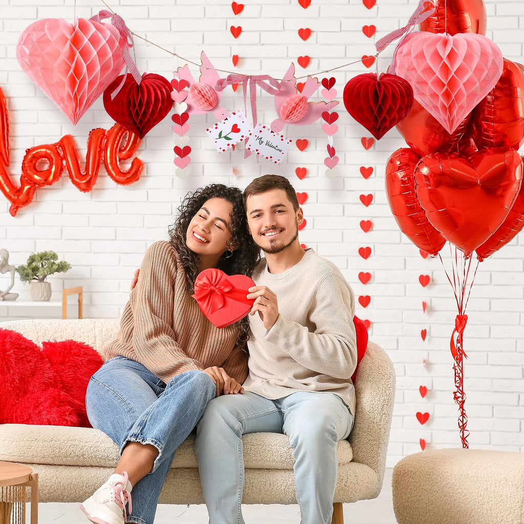 Harloon Valentines Day Garland Pink Heart Honeycomb Ball 3D Lovebird Garland Decor with Red Check Bow Romantic Pom Poms Hanging Banner for Galentines Party Wedding Engagement Birthday Home Wall Decor