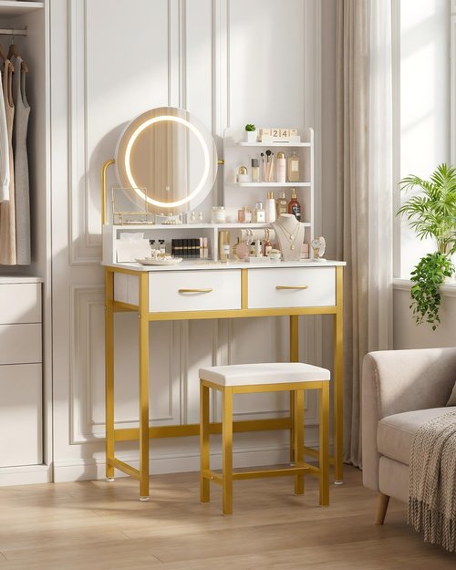 Kitsure Vanity Desk with Mirror and Lights - 3 Mode Lighted Makeup Vanity for Girls, Anti-Tipping Small Vanity with Chair for Bedrooms, Dressing Rooms, Walk-in Closet, Gold, 31.5" x 17.7" x 50.6"