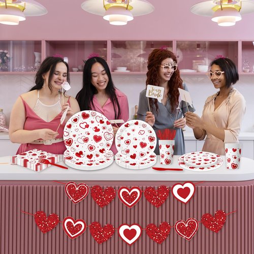 Valentines Day Party Decorations Tableware,146Pcs Valentines Plates and Napkins,Tablecloth,Cups,Forks, Knives,Banner,Heart Plates and Napkins for Kids Valentines Party Supplies,Sever 24