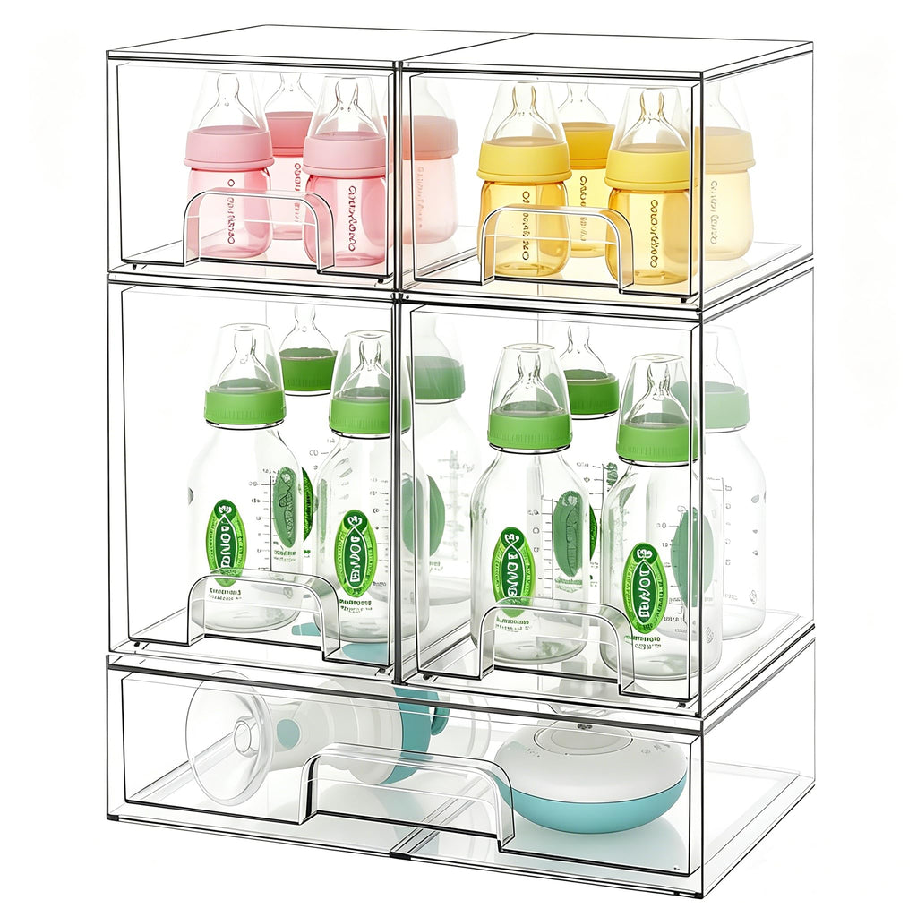 Baby Bottle Organizer Stackable, Acrylic Storage Drawers 5 pack with Non-Slip Pads, Pull-Out Drawers for Baby Bottle, Pump Parts, Pantry, Vanity Countertop (4.4" and 7.6" Tall and 12.1" Wide)