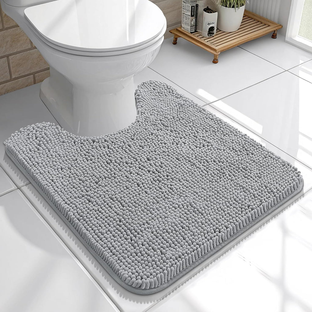 OLANLY U-Shaped Toilet Rug - Extra Soft Chenille, Quick-Dry, Non-Slip Bath Mat | Light Grey 20x20
