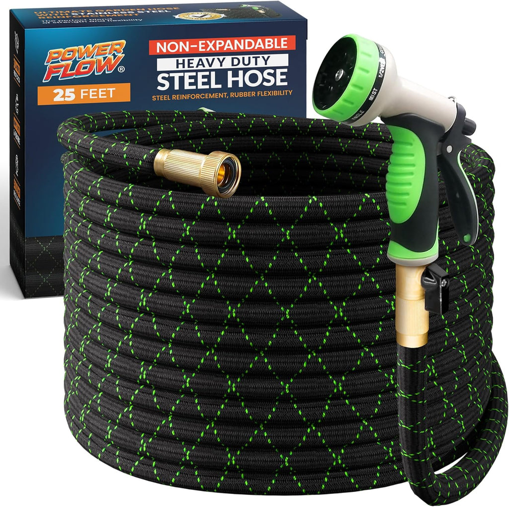 PowerFlow Stainless Steel Garden Hose - 25 Ft Durable Metal Water Hose with 10-Way Spray Nozzle | Black
