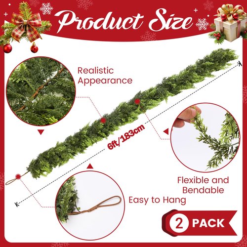 2 Pcs Artificial Cedar Garlands, 6 FT Real Touch Winter Cedar Garland, Green Artificial Greenery Pine Garland for Table, Mantle, Wall, Indoor, Outdoor Christmas Decorations