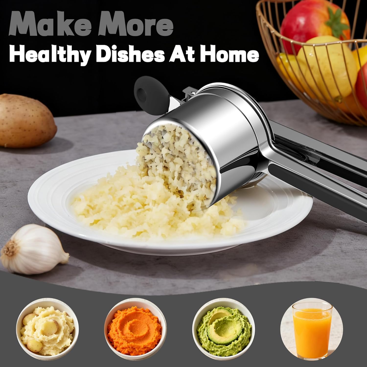 Skiennix Large 15oz Potato Ricer - Heavy Duty Stainless Steel Masher for Baby Food & Spaetzle | Black