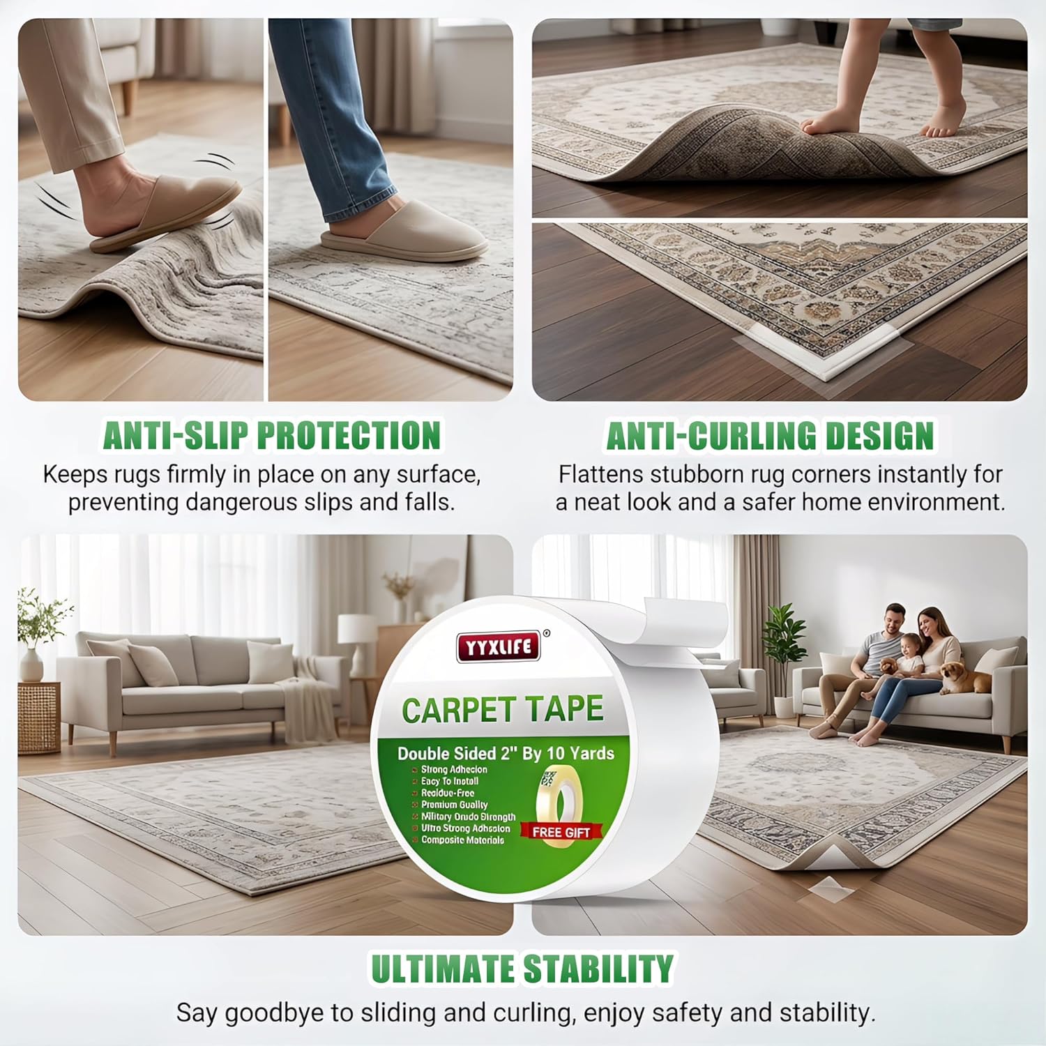 YYXLIFE Double-Sided Rug Tape | Strong Adhesive for Hardwood Floors - Non-Slip, No Residue, 2" x 10 Yards, White