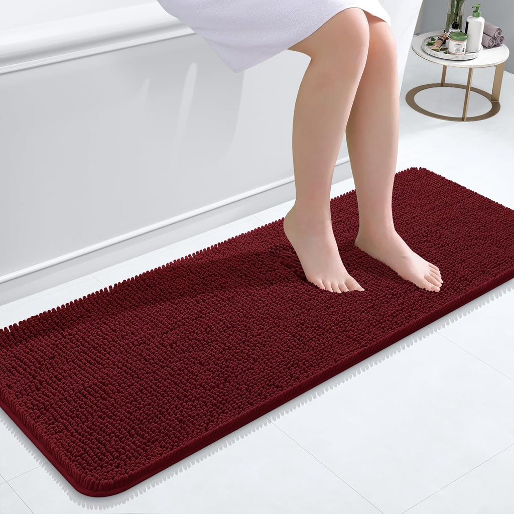 OLANLY Bathroom Runner Rugs - Soft Absorbent Chenille Bath Mat with Rubber Backing | 47x17 Inches, Burgundy