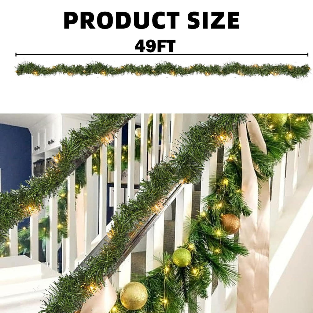 NEROSUN 50 FT Christmas Green Garland, 150 LED Pre-lit Lights Lighted Artificial Pine Garlands, for Indoor Outdoor Gate Home Winter Holiday Christmas Decorations