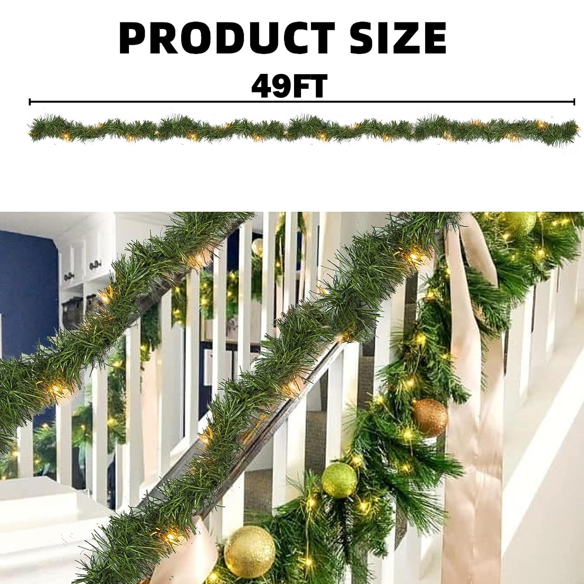 NEROSUN 50 FT Christmas Green Garland, 150 LED Pre-lit Lights Lighted Artificial Pine Garlands, for Indoor Outdoor Gate Home Winter Holiday Christmas Decorations