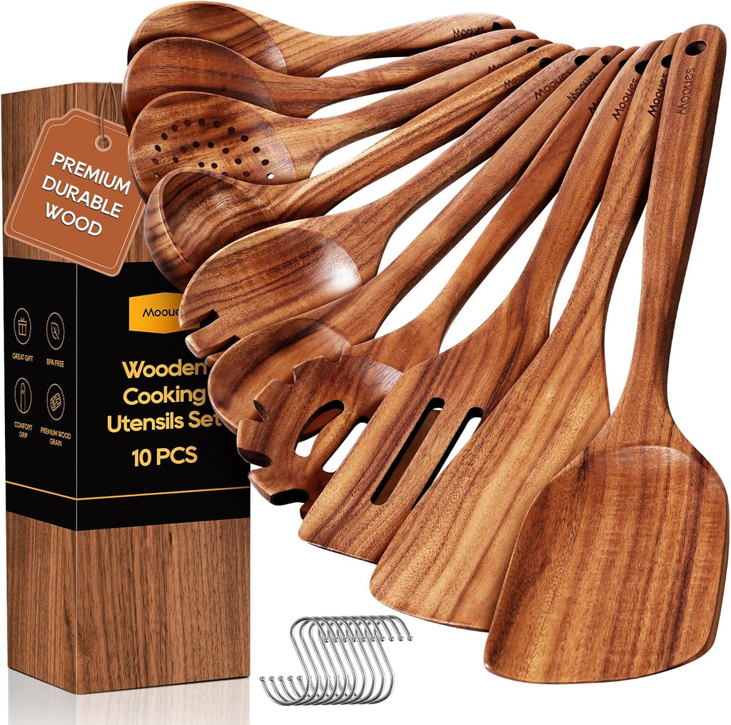Skiennix Wooden Spoons Set - 10PCS Teak Cookware Utensils with Hooks | Smooth Finish & Heat Resistant