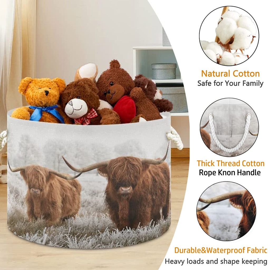 PAYOHTO Scottish Highland Cow Laundry Hamper Basket with Handles,Cotton Rope Woven Storage Bin for Clothes,Nursery Hamper,Toy Box,Clothe Socks Blanket Storage Organizer,Large Capacity 20Dx13.9H Inches