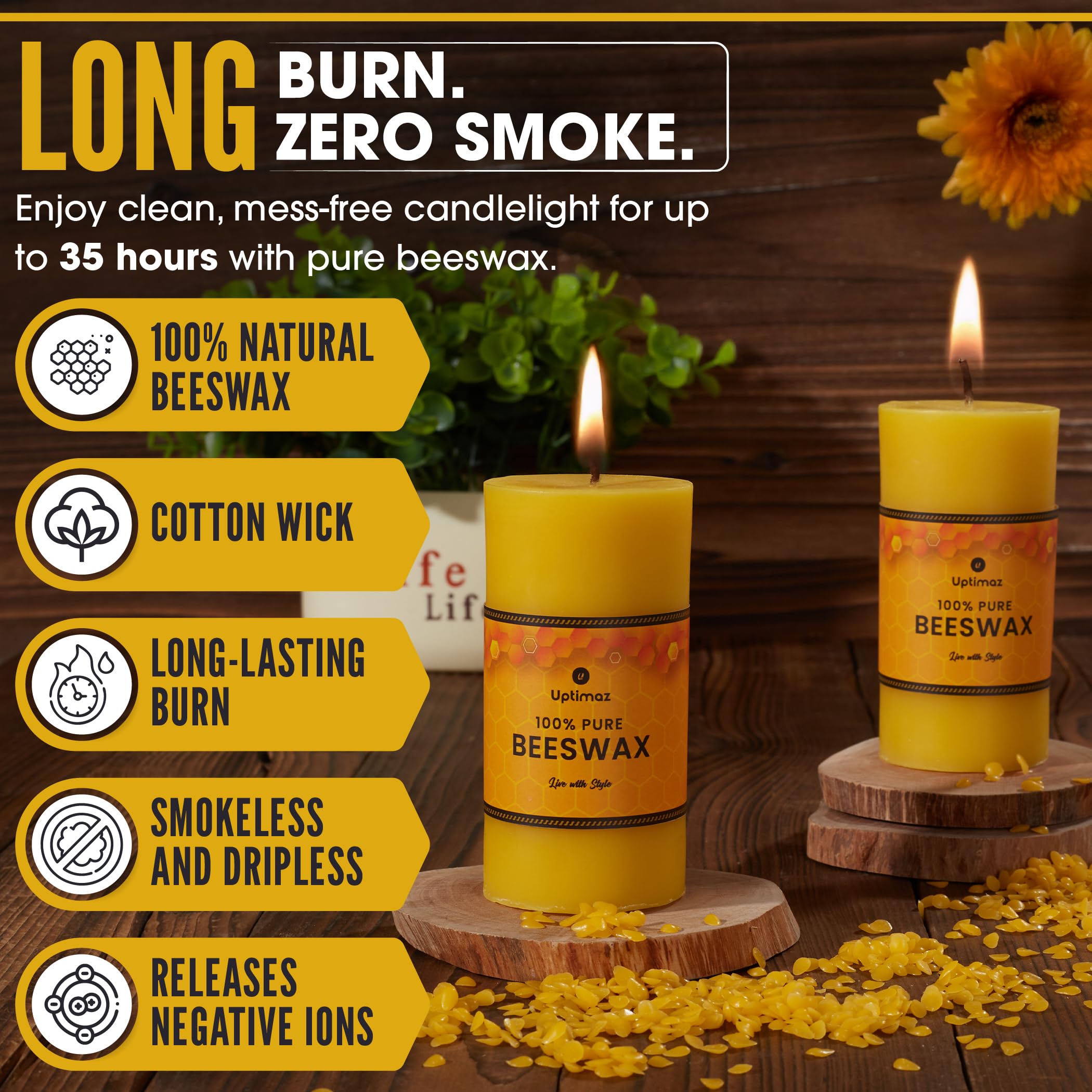 Uptimaz Beeswax Pillar Candles Set of 4, 2x4 Inch, 100% Beeswax Candle with Cotton Wick, Long Burning, Dripless Candle Bees Wax for Home, Décor, Prayer, Emergency