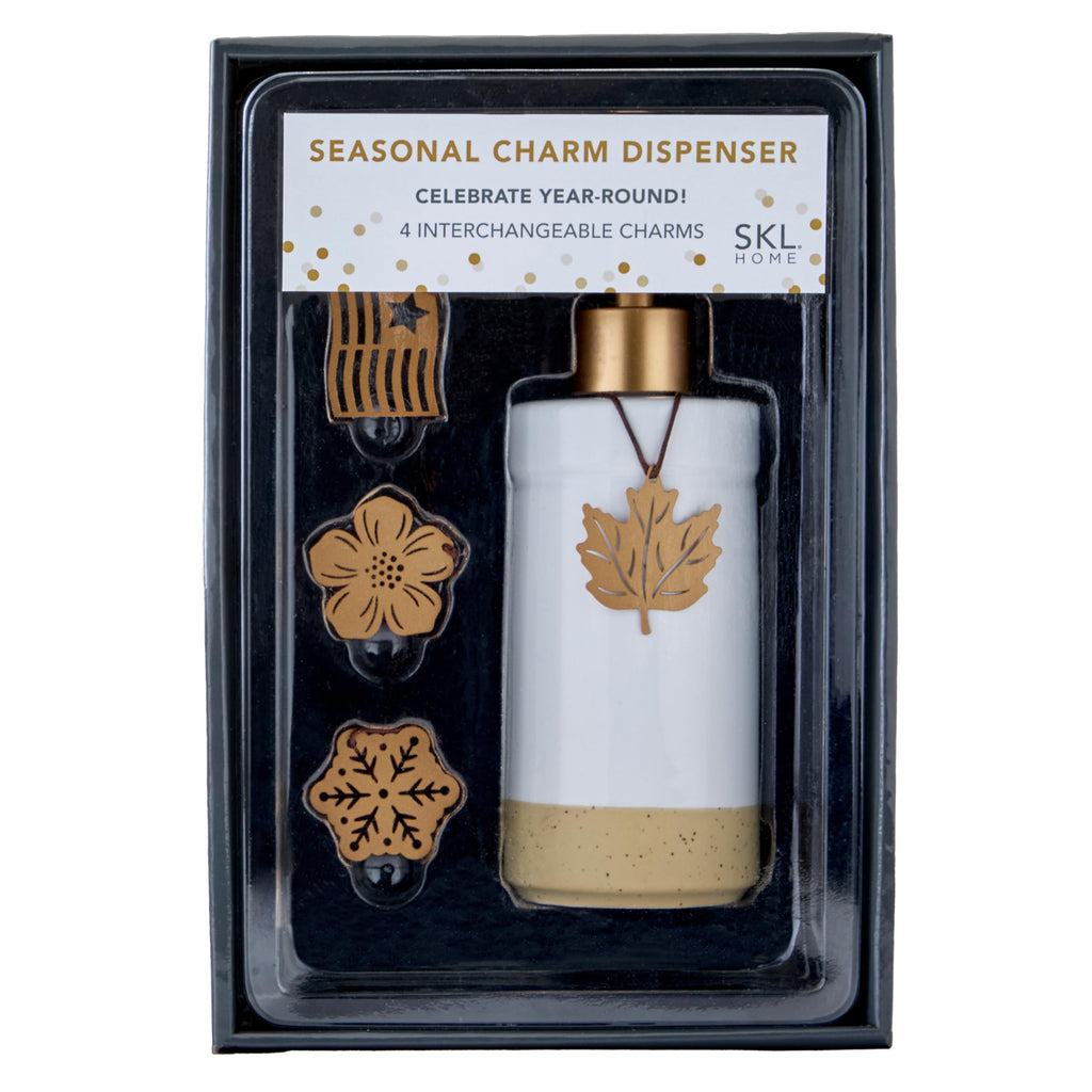 SKL Home Seasonal Charm Soap/Lotion Dispenser Gift Set with 4 Interchangeable Stainless Steel Charms, Refillable for Bathroom & Kitchen, Warm Gold