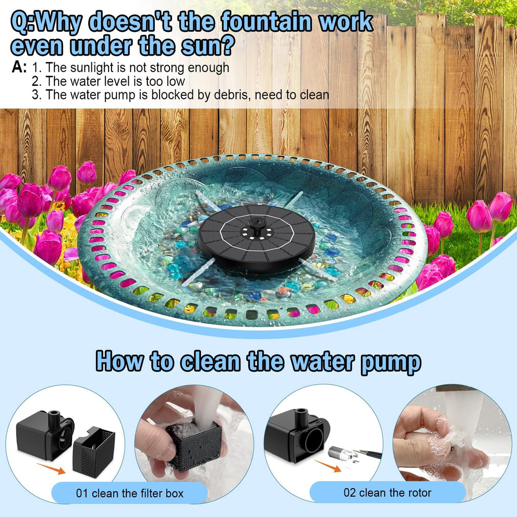 SZMP Solar Water Fountain - 3.5W Bird Bath Pump with Color LED Lights & 7 Nozzles | Outdoor Garden Feature