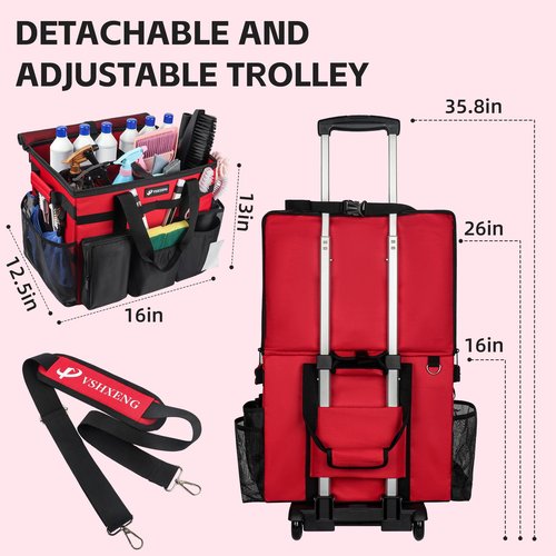 VSHXENG Rolling Cleaning Caddy Bag with Wheels, Large Cleaning Cart Detachable Trolley, Cleaning Bags for Housekeepers With Shoulder Strap & Multi Pockets for Cleaning Tools Storage (Red)