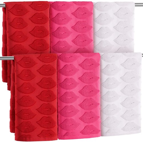 Frienda 6 Pcs Valentine's Day Hand Towels for Bathroom 100% Cotton Bath Towel Red Pink White Lips Jacquard Decorative Absorbent Bath Towel for Drying Cleaning Cooking,12.4 x 28.3''