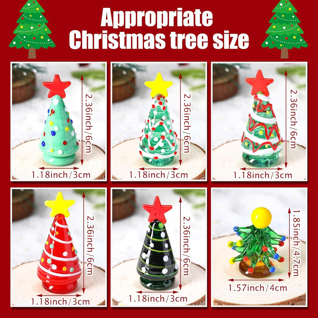 Skiennix Mini Christmas Tree Glass Ornaments Set - 6 Pcs Holiday Figurines for DIY Crafts | 2.36 Inch