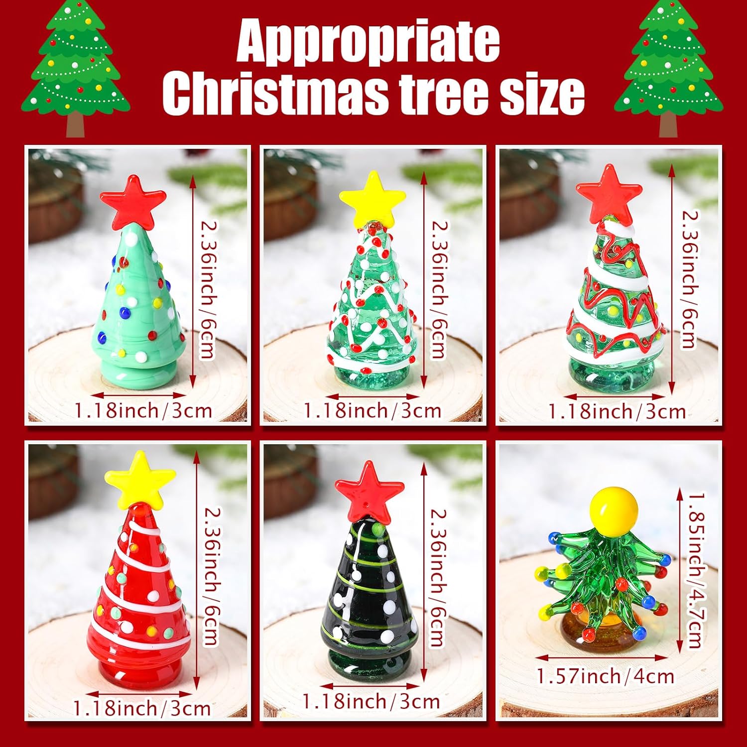 Skiennix Mini Christmas Tree Glass Ornaments Set - 6 Pcs Holiday Figurines for DIY Crafts | 2.36 Inch