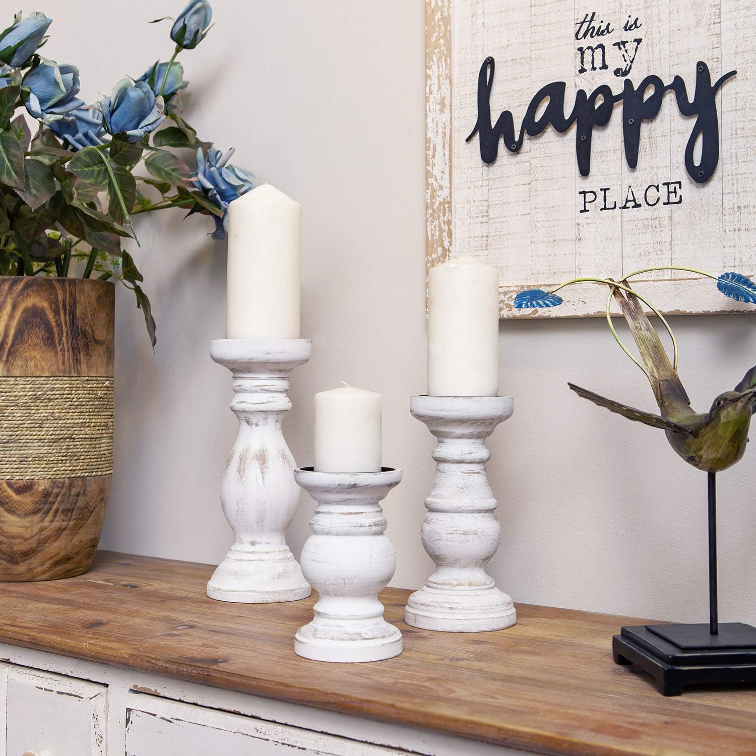 NIKKY HOME Rustic Candle Holder Set of 3 - Farmhouse Wood Stand for Mantle & Dining Table | Distressed White