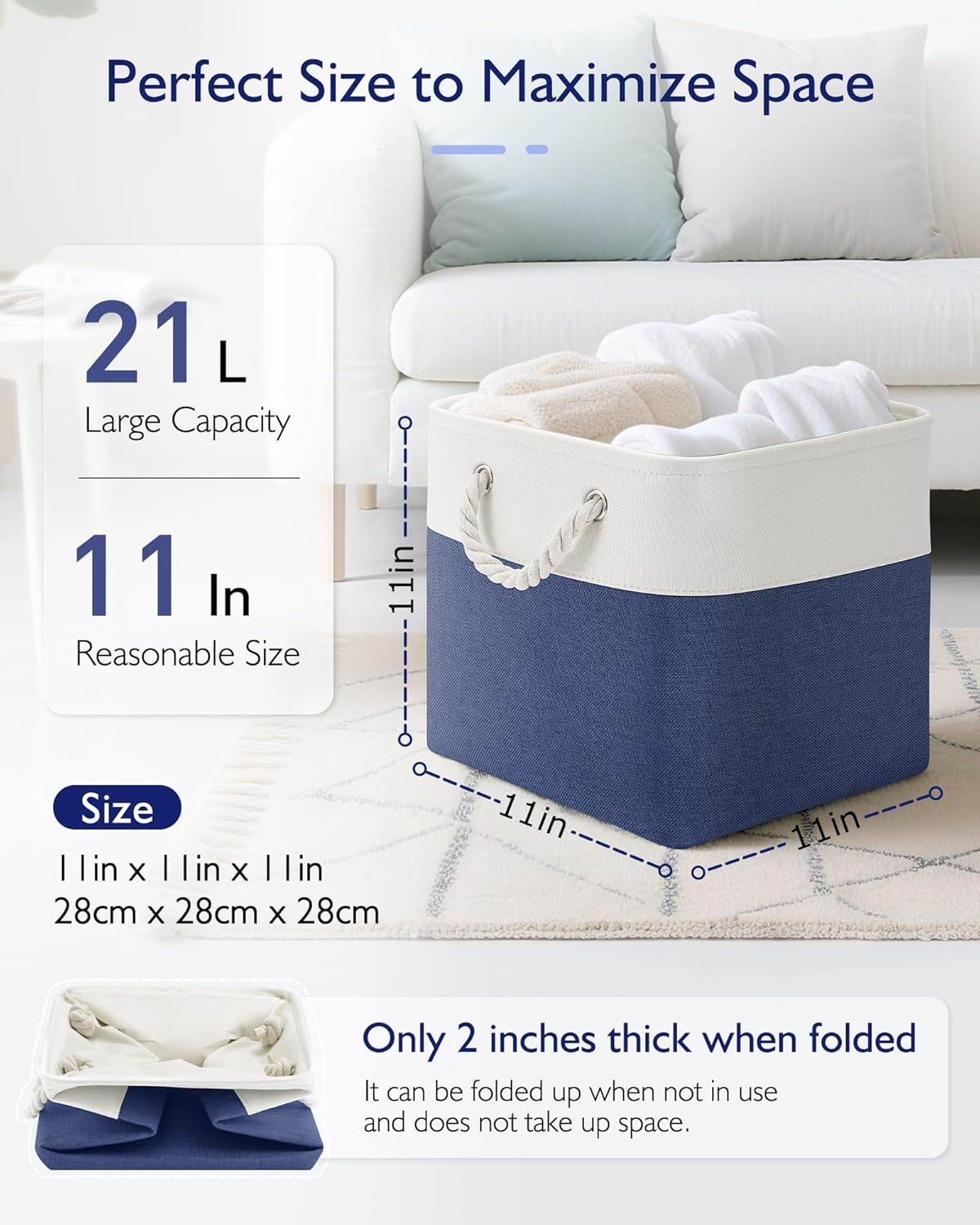 Patvingot 11-Inch Cube Storage Bins - 6 Pack Fabric Organizer Baskets with Rope Handles | White/Blue