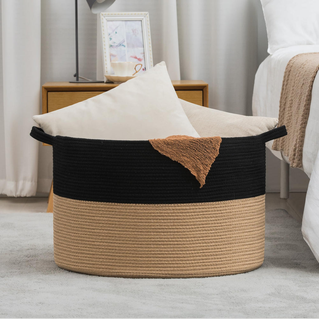 Gosipeya XXXLarge Woven Cotton Rope Basket (21.7" x 13.8") – Blanket Basket for Living Room, Laundry Hamper, Baby Laundry Hamper, Toy Storage, Pillows & Cushions Organizer (Black&Brown)