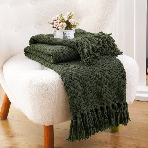 BATTILO HOME Olive Green Chenille Throw Blanket for Bed, Knit Throw Blanket,Super Soft Warm Home Decor Throw Blanket with Tassels for Couch,Sofa and Living Room,50" x 60"