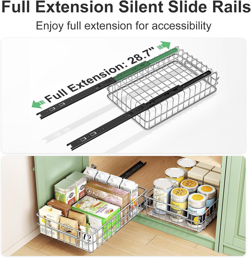 Pull Out Cabinet Organizer by Regine Switzerland - Stainless Steel 2-Pack Drawer with Silent Slides | Ideal for Kitchen, Pantry & Bathroom