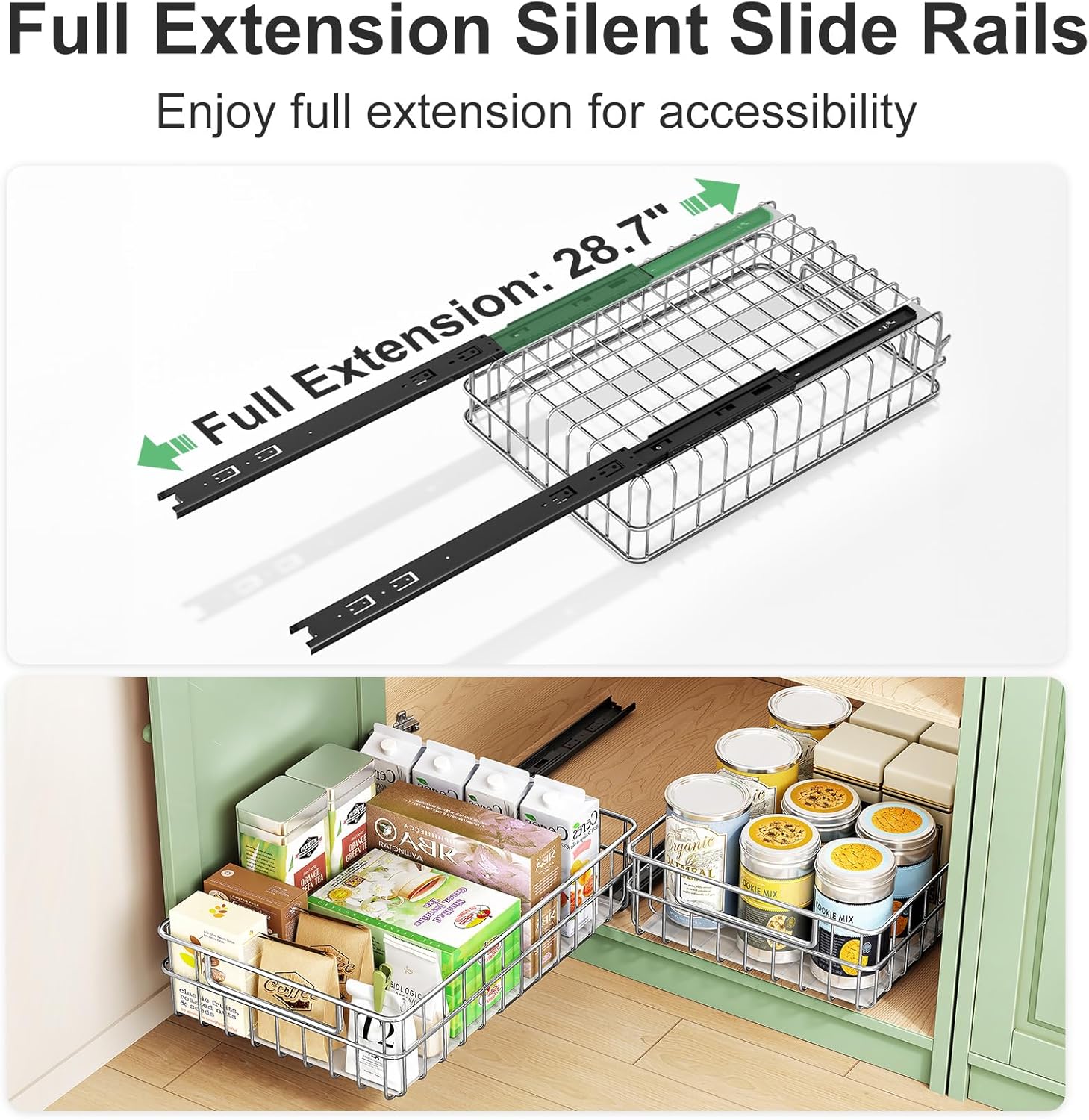 Pull Out Cabinet Organizer by Regine Switzerland - Stainless Steel 2-Pack Drawer with Silent Slides | Ideal for Kitchen, Pantry & Bathroom