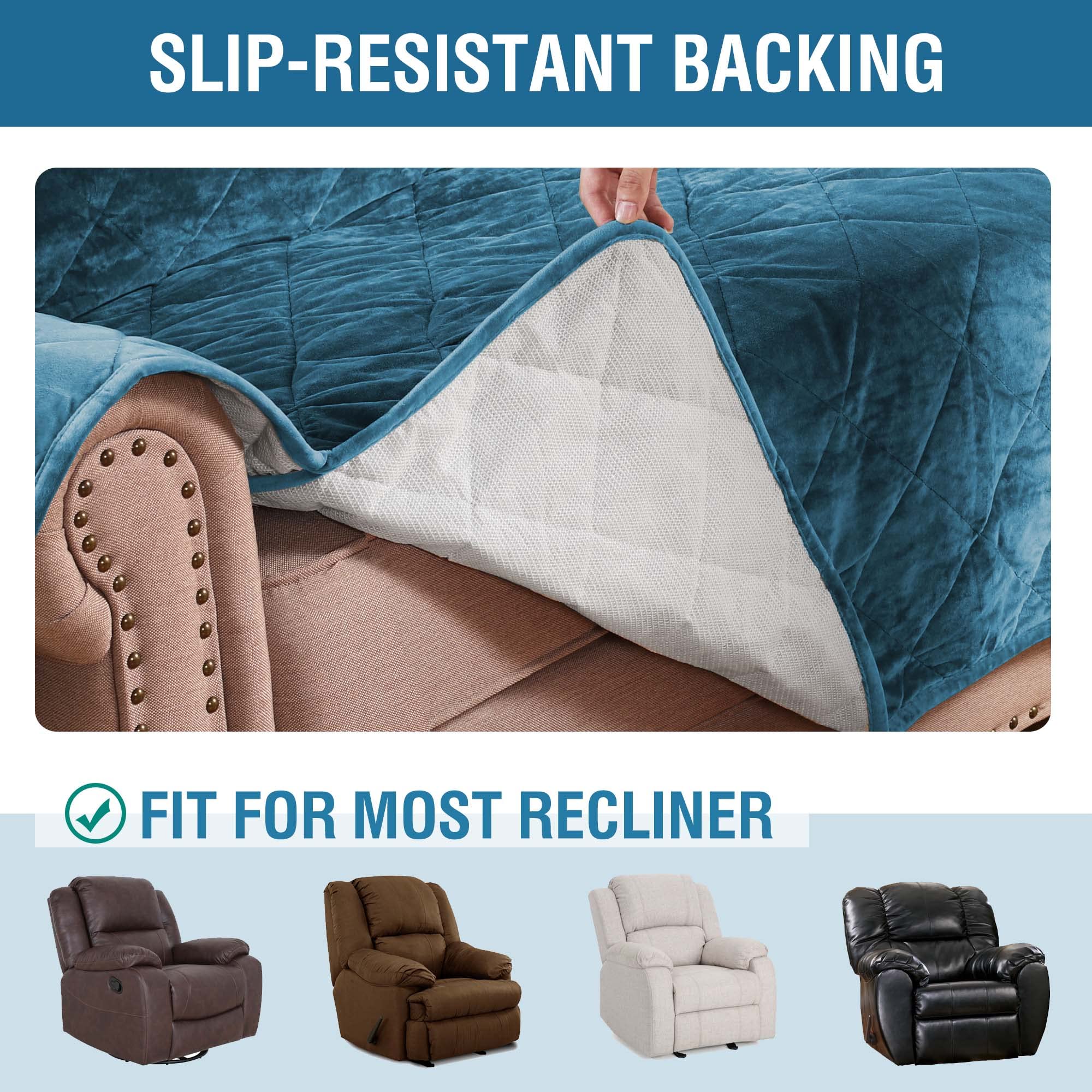 H.VERSAILTEX Thick Velvet Recliner Covers for Recliner Chair Covers Reclining Chair Slipcover Recliner Couch Cover with Non Slip Backing and Wider Elastic Strap (Oversaized Recliner, Peacock Blue)