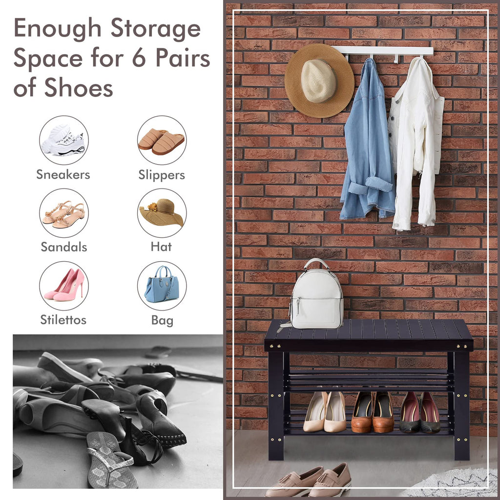 COSTWAY 3-Tier Shoe Rack Bench, Free Standing Wood Entryway Shoe Storage Organizer, Bamboo Storage Shelf for Shoes,Ideal for Home Entryway, Hallway