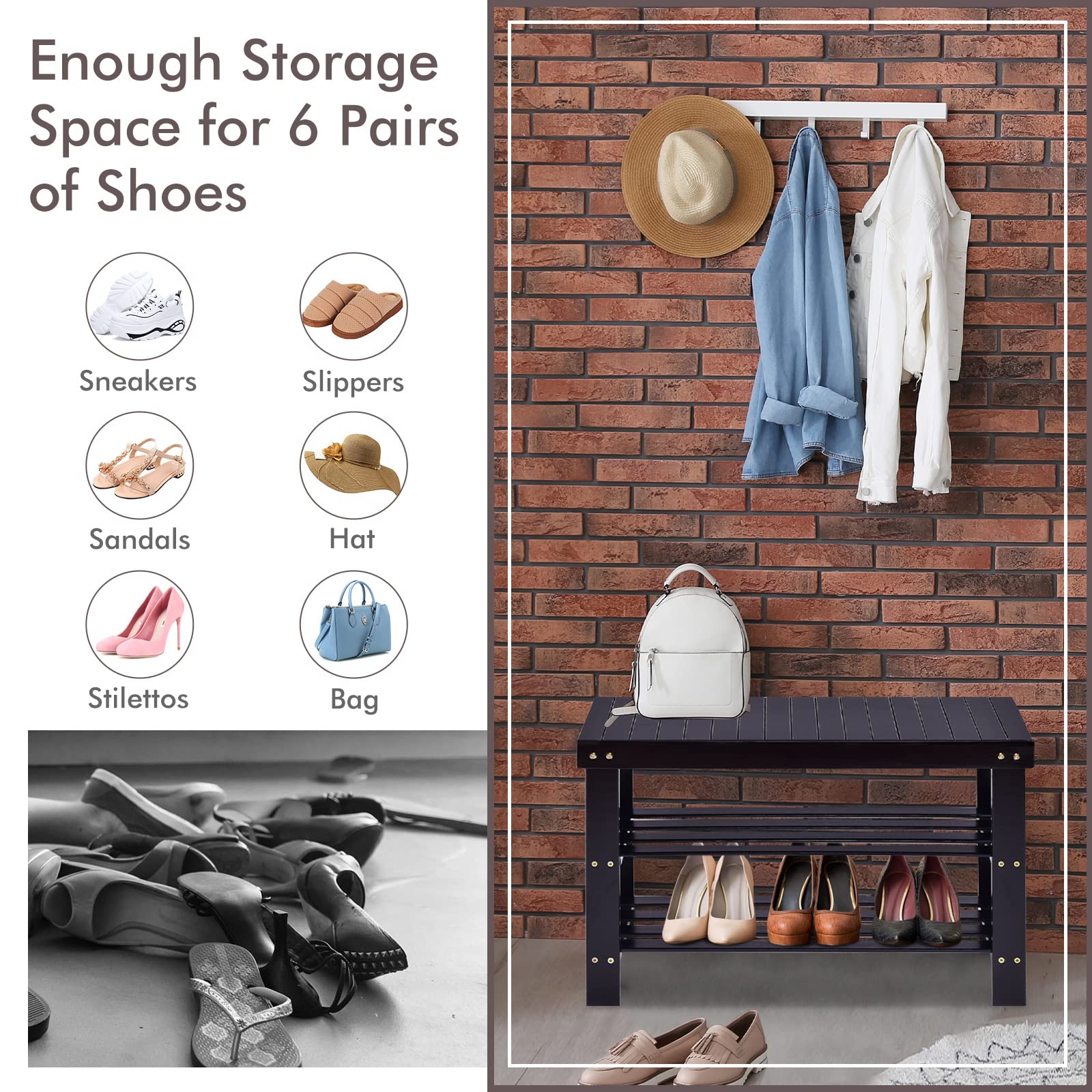 COSTWAY 3-Tier Shoe Rack Bench, Free Standing Wood Entryway Shoe Storage Organizer, Bamboo Storage Shelf for Shoes,Ideal for Home Entryway, Hallway
