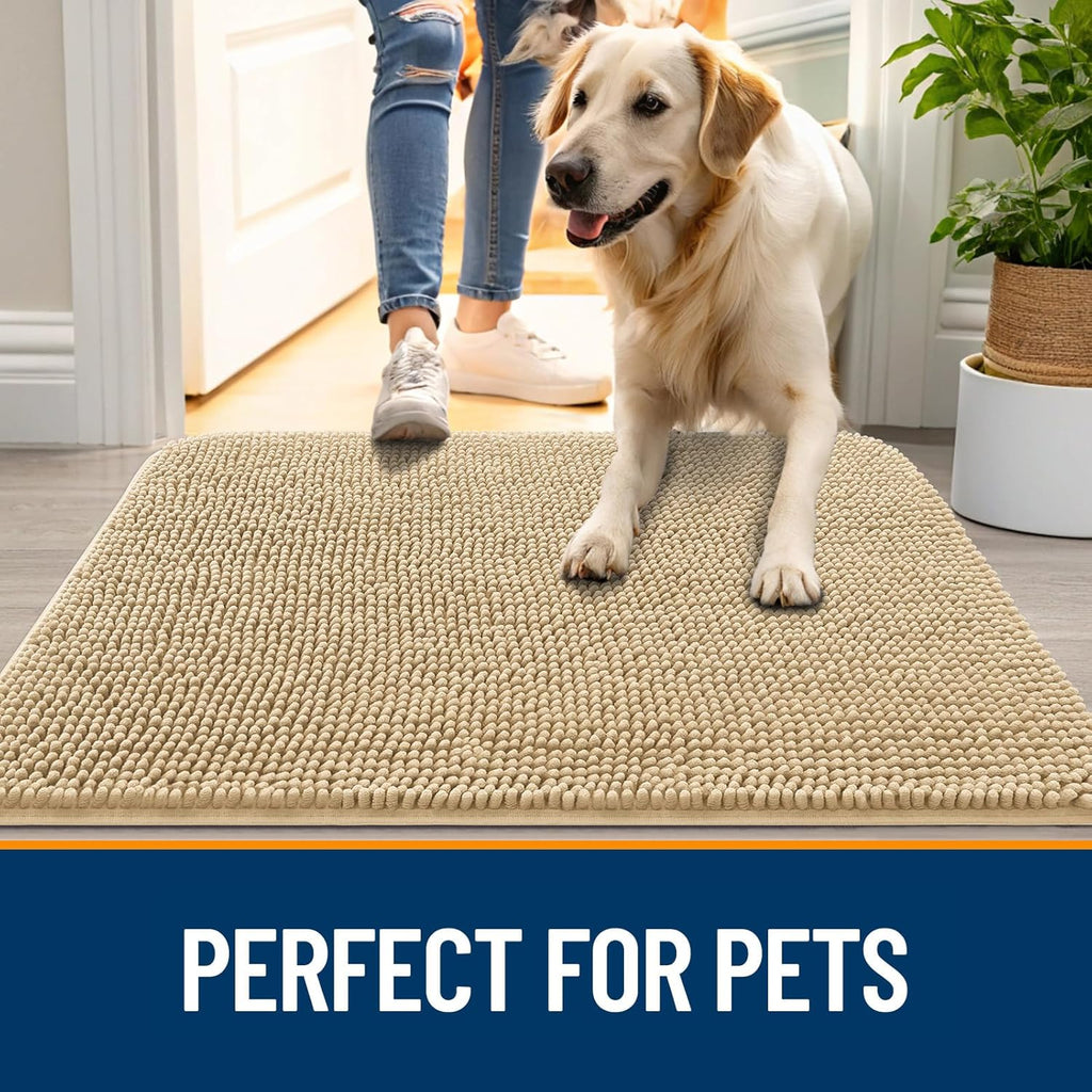 OLANLY Dog Door Mat - Absorbent Non-Slip Washable Chenille Mat for Muddy Paws | 70x32, Beige