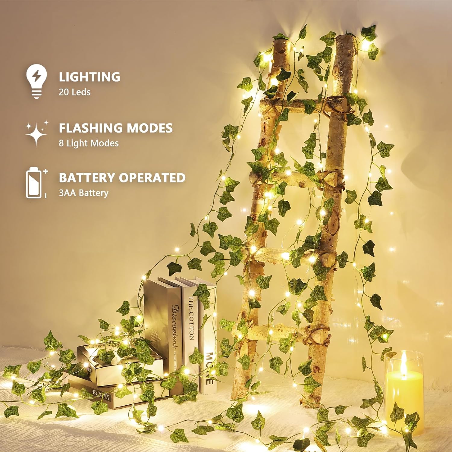 Skiennix 2 Pack LED Vines with Fairy Lights - 6.56ft Battery Operated Ivy String Lights for Home Decor