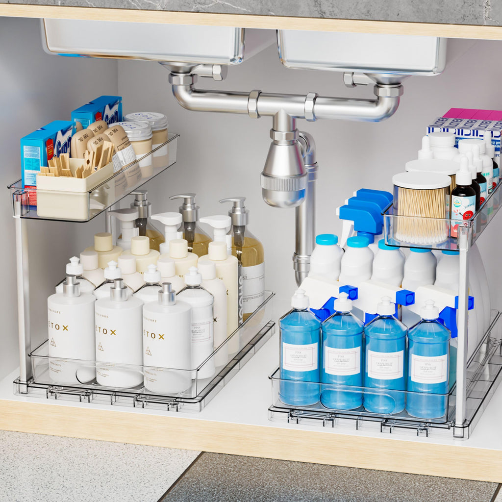 Yieach 2 Pack 14.5″ Deep Pull Out Under Sink Organizer,10.8″ High 2 Tier Slide Out Cabinet Organizer for Kitchen Cabinet,Undersink Organizers,Under Sink Shelves,Bathroom Organizers and Storage,Clear