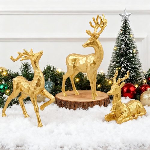 Exasinine Gold Reindeer Decor - 3 PCS Christmas Figurines for Holiday Centerpieces | Indoor Decorations
