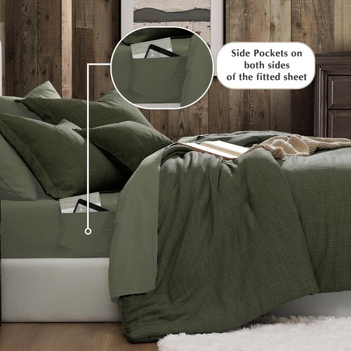 Geniospin California King Comforter Set - 7 Pieces Comforter King Size, Soft Solid Bedding Set for All Season, Textured Bed in a Bag with Sheets, Pillowcases & Shams (Dark Green,104''x96'')