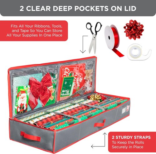 HOLDN' STORAGE Wrapping Paper Storage Container - Durable 600D Tear-Proof Design, Fits 27 Rolls, Extra Pockets for Ribbons & Bows, Underbed Storage - Ideal for Holiday Christmas, Grey/Red Trim