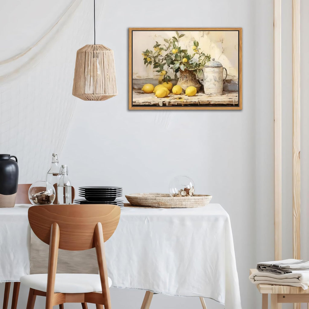 Vintage Kitchen Wall Art by Floating Framed | Yellow Lemon Still Life Canvas Print 12x16 Inch