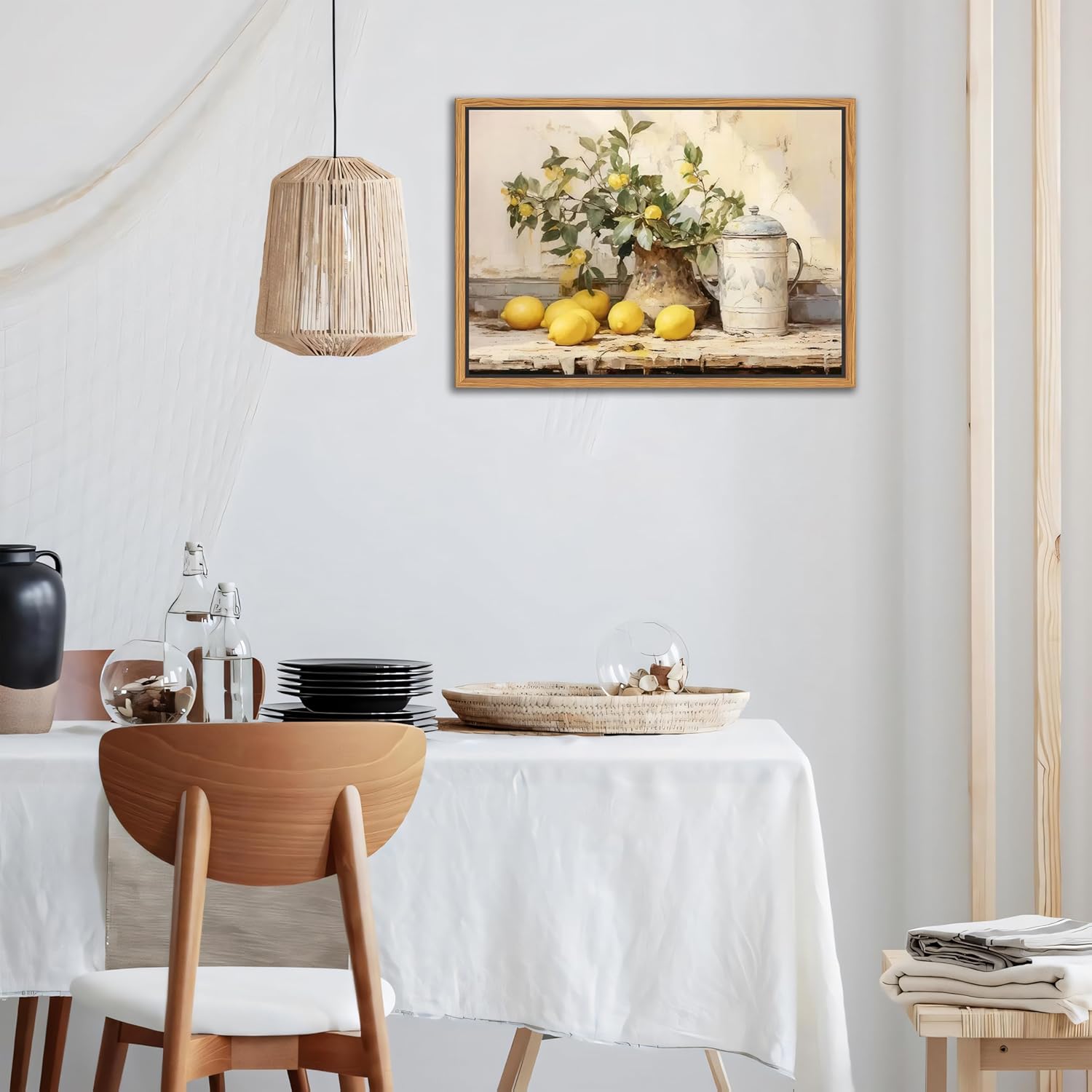 Vintage Kitchen Wall Art by Floating Framed | Yellow Lemon Still Life Canvas Print 12x16 Inch
