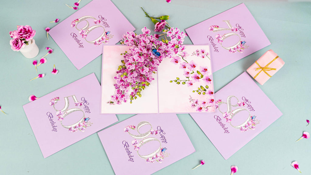 PQ Bees Orchid Happy 90th Birthday Card, 3D Birthday Cards for Women, 6x8in Pop Up Gifts for Mom, Wife, Him, Her, Daughter, Sister, Grandma (Size 6x8 - Happy 90th BD)