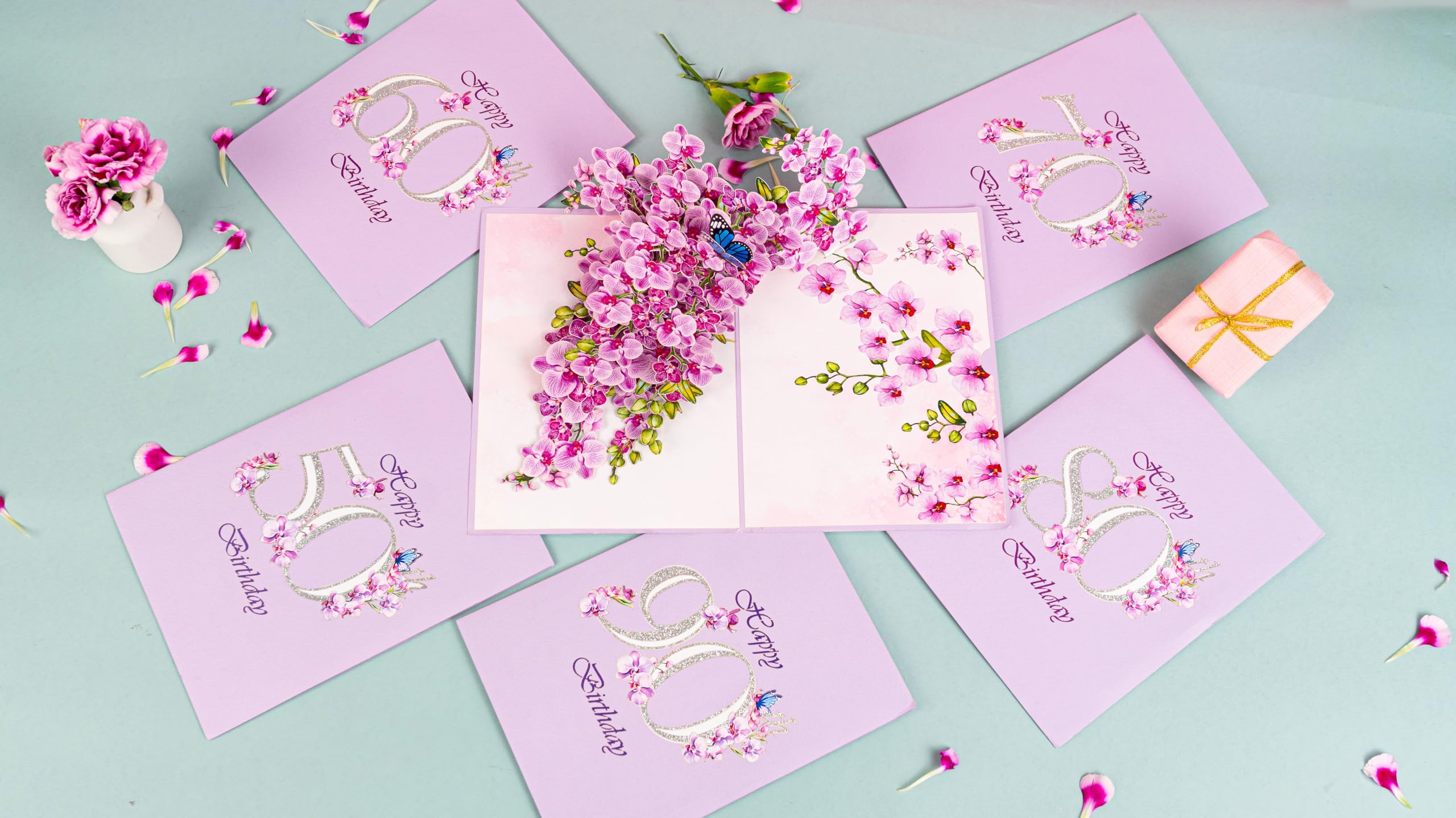 PQ Bees Orchid Happy 90th Birthday Card, 3D Birthday Cards for Women, 6x8in Pop Up Gifts for Mom, Wife, Him, Her, Daughter, Sister, Grandma (Size 6x8 - Happy 90th BD)