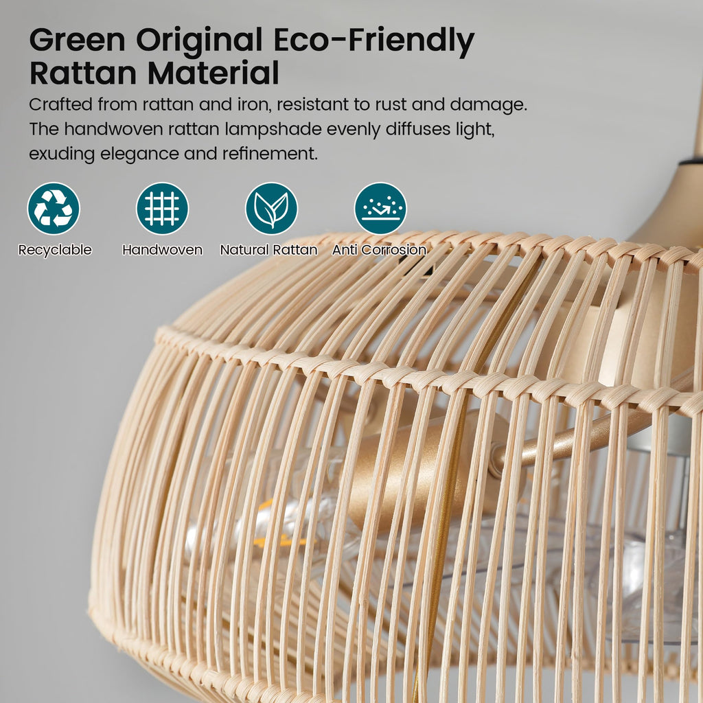 mnikopE 20" Boho Rattan Ceiling Fan with Lights, Flush Mount Caged Ceiling Fan 6 Speed, Timing, Reversible Blades Enclosed Farmhouse Fan Lights for Bedroom, Kitchen