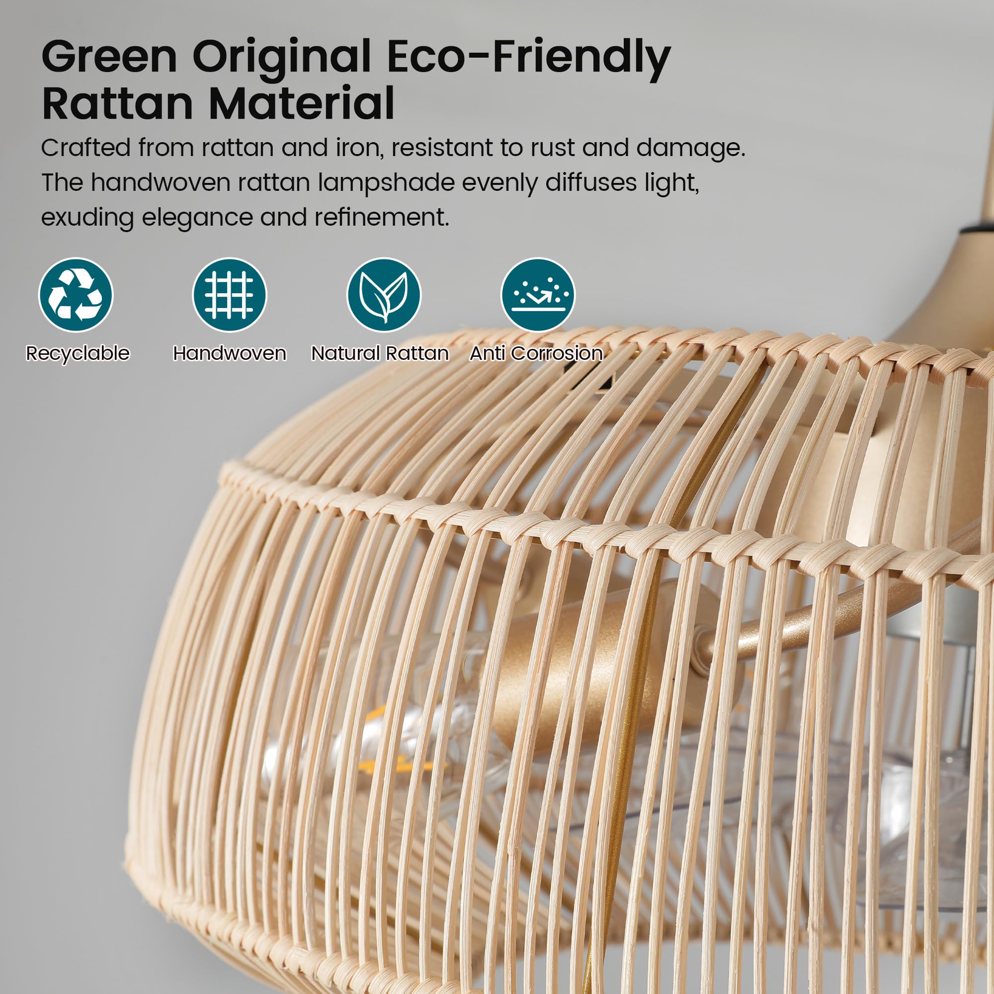 mnikopE 20" Boho Rattan Ceiling Fan with Lights, Flush Mount Caged Ceiling Fan 6 Speed, Timing, Reversible Blades Enclosed Farmhouse Fan Lights for Bedroom, Kitchen