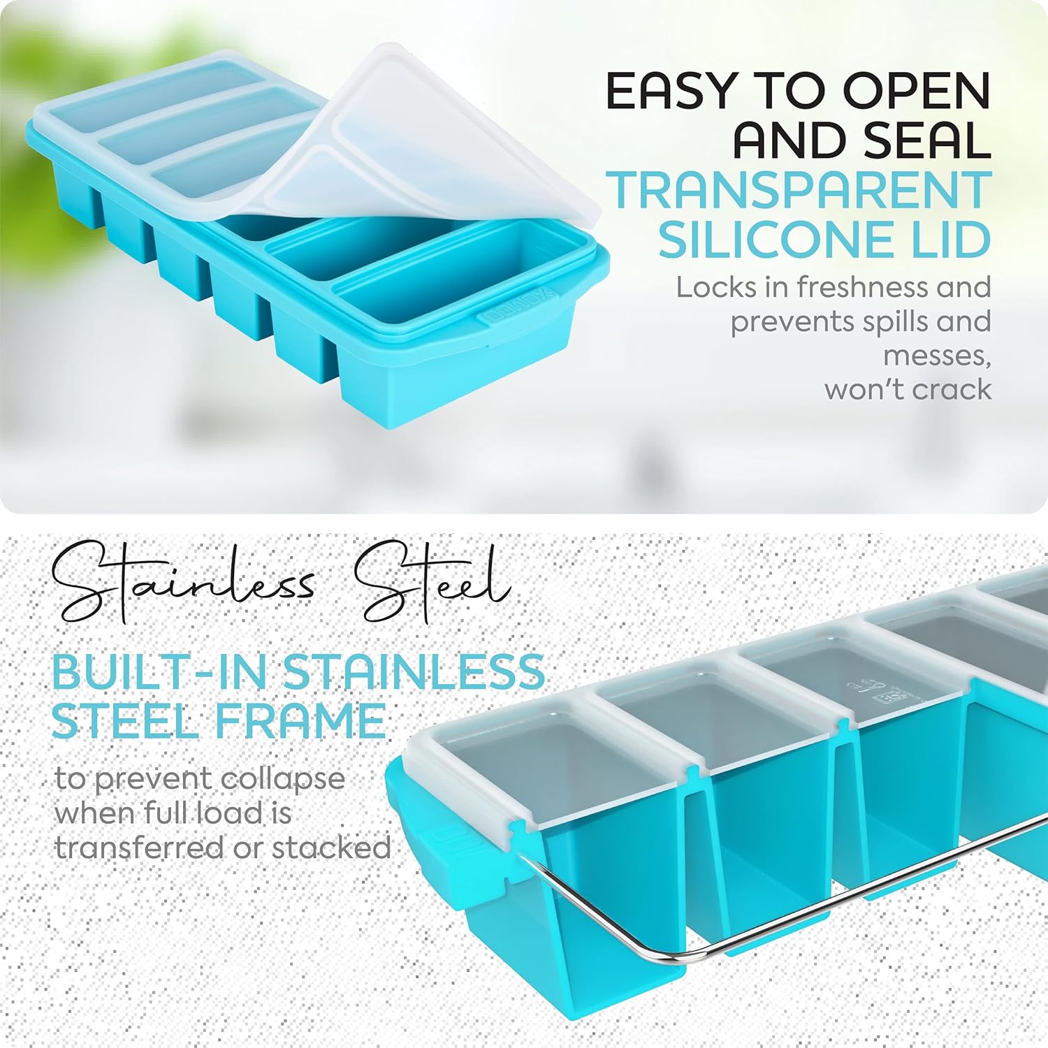 Skiennix 1/2 Cup Silicone Freezer Tray - 2-Pack Molds With Lid for Meal Prep & Freezing, Oven & Dishwasher Safe