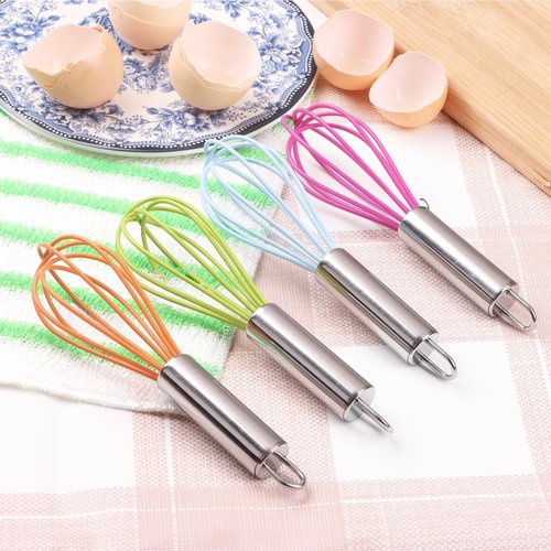 BAEKZ Multi-Color Mini Silicone Kitchen Whisks with Stainless Steel Handles Milk Beater Egg Beater Balloon Whisk for Blending Stirring Whisking and Beating(6.2in, Four colorsl, 8)
