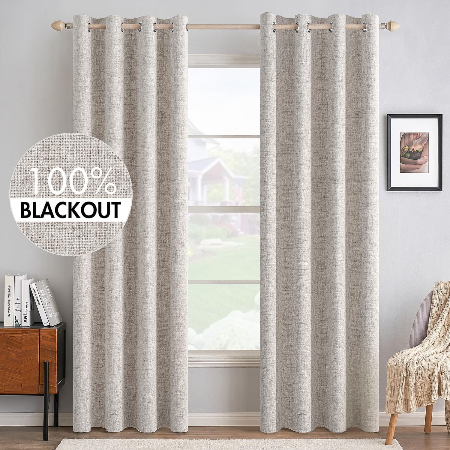 MIULEE 100% Blackout Linen Textured Curtains - Thermal Insulated Ivory Drapes | 52 x 84 Inch (2 Panels) for Luxury Bedroom & Living Room Decor