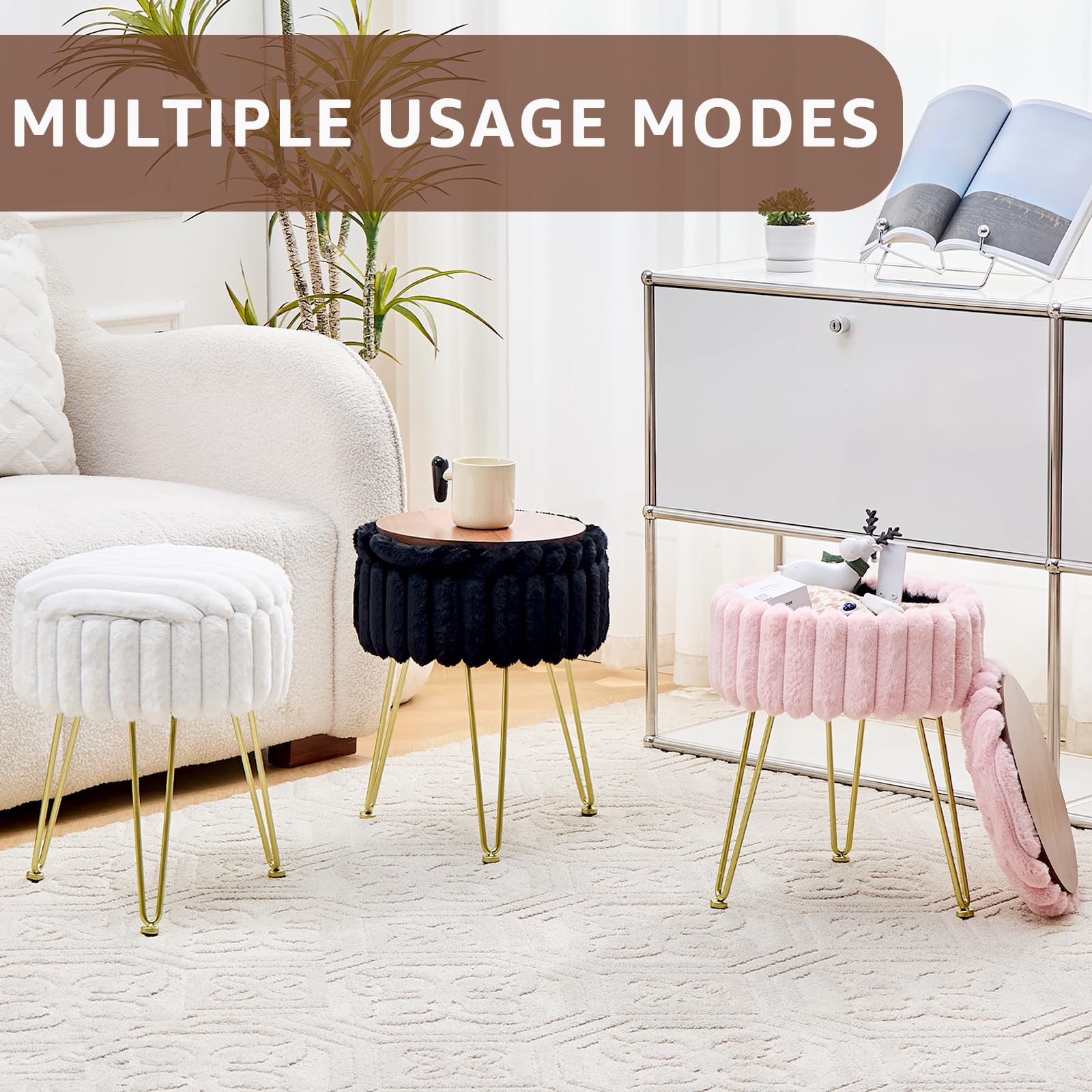 Wimarsbon Vanity Stool with Storage, Faux Fur Ottoman Chair with Metal Legs, Round Makeup Vanity Chair for Bedroom or Dressing Table, Modern Small Ottoman Seat (Black)
