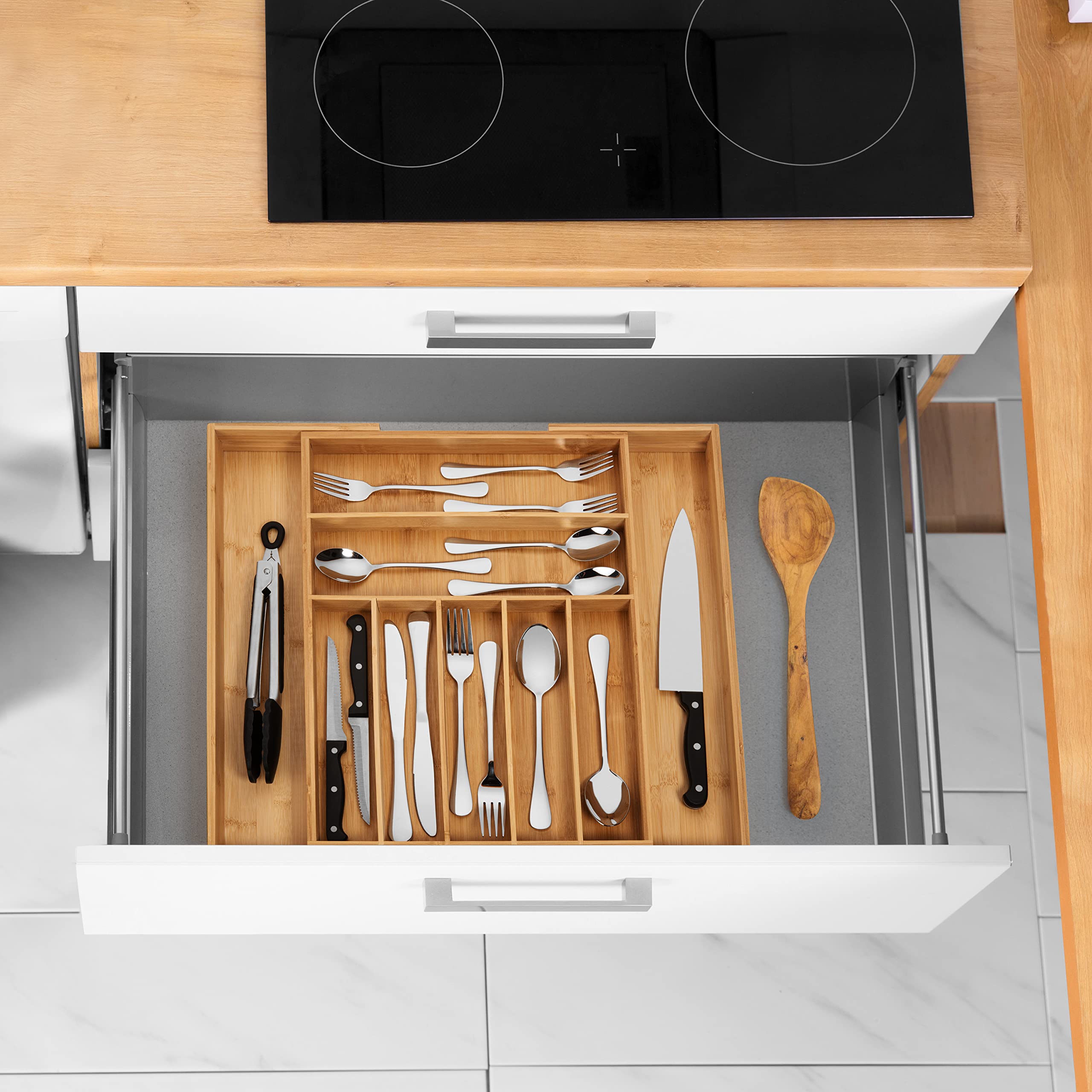 Bamboo Drawer Organizer, 2 Pack - Expandable Silverware Organizer & Utensil Drawer Organizer, Cutlery Tray with Dividers, 7-9 Slots- Premium Kitchen Organizer for Utensils & Flatware (Natural)