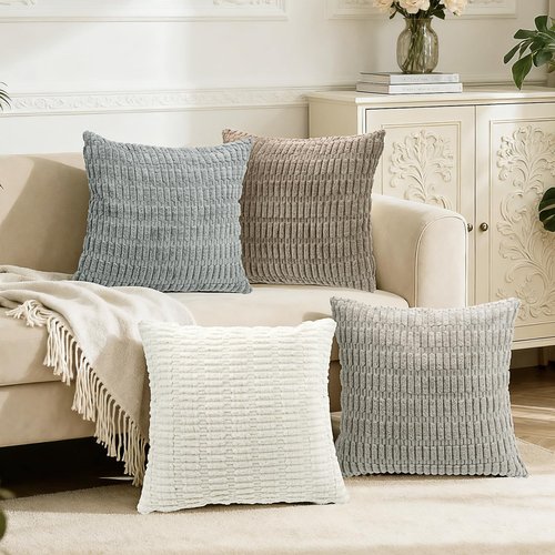 Hibate 4 Pack Neutral Corduroy Decorative Boho Couch Throw Pillow Covers 18x18 Inch for Sofa Living Room Bedroom Home Decor