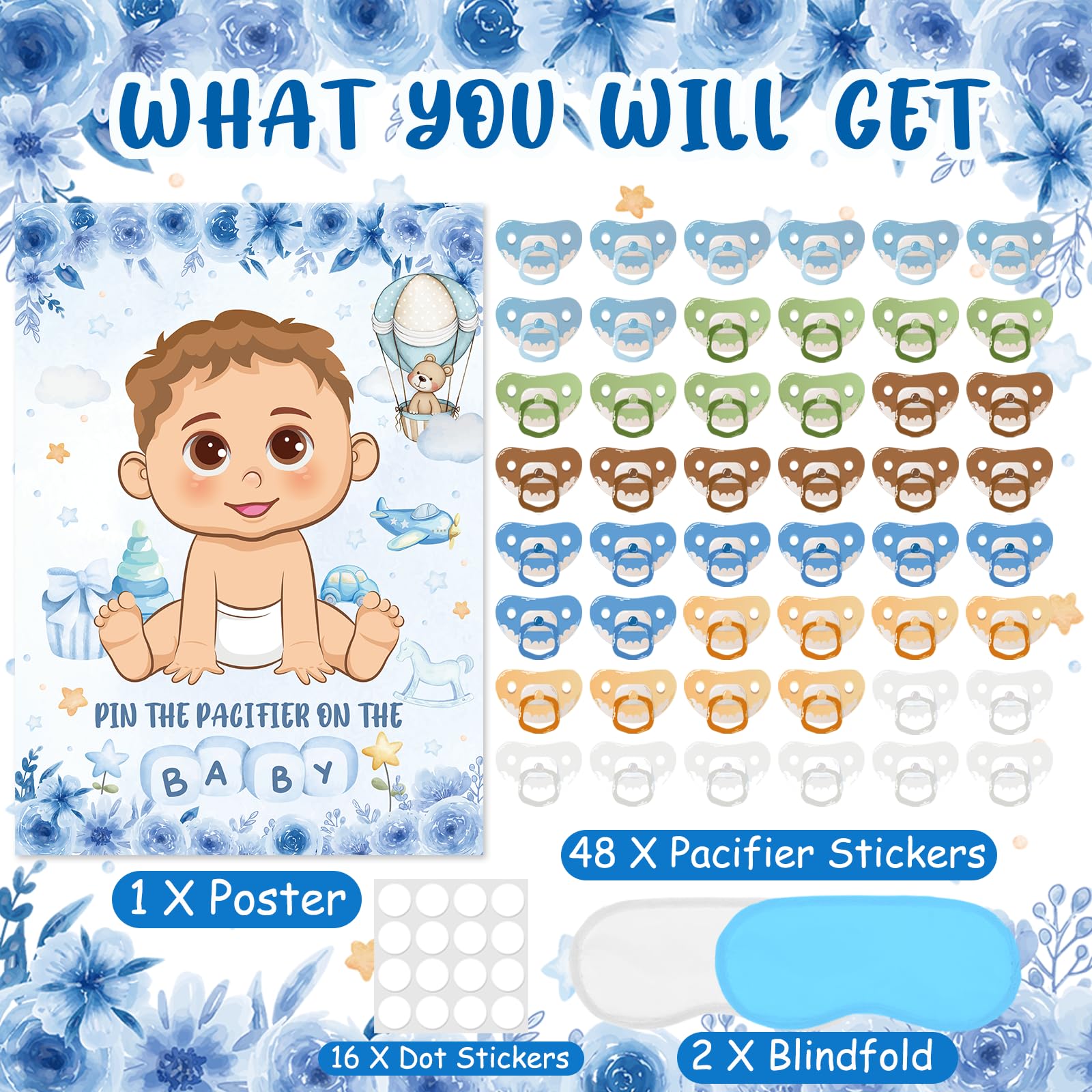 Pin The Pacifier On The Baby Game, Blue Baby Shower Decoration Pin Pacifier on Baby Poster Game with Poster 48 Pacifier Stickers Blindfold Game for Blue Bear Baby Shower Birthday Party Decorations